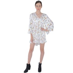 Cute Bunnies And Carrots Pattern, Light Colored Theme V-neck Flare Sleeve Mini Dress by Casemiro