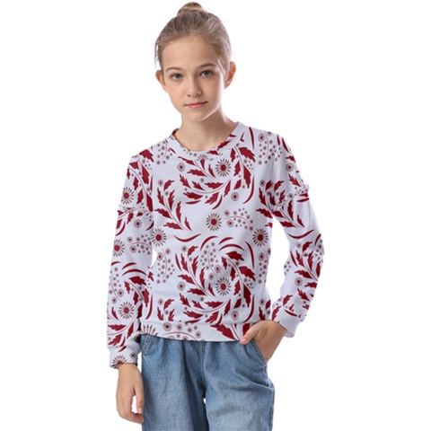 Folk Flowers Art Pattern Floral Abstract Surface Design  Seamless Pattern Kids  Long Sleeve Tee With Frill  by Eskimos