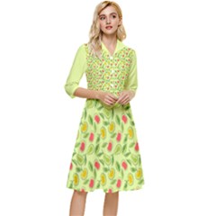 Vector Fruits Pattern, Pastel Colors, Yellow Background Classy Knee Length Dress by Casemiro