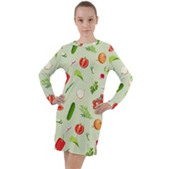 Seamless Pattern With Vegetables  Delicious Vegetables Long Sleeve Hoodie Dress by SychEva