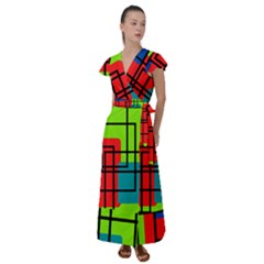 Colorful Rectangle Boxes Flutter Sleeve Maxi Dress by Magicworlddreamarts1