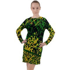 Root Humanity Bar And Qr Code Green And Yellow Doom Long Sleeve Hoodie Dress by WetdryvacsLair