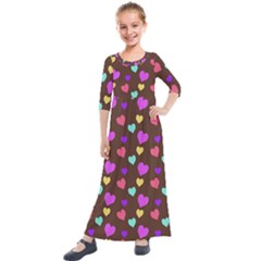 Colorfull Hearts On Choclate Kids  Quarter Sleeve Maxi Dress by Daria3107