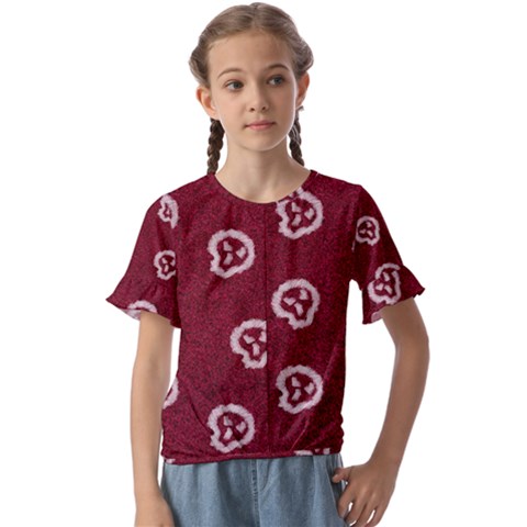 White Skulls On Red Shiny Background Kids  Cuff Sleeve Scrunch Bottom Tee by SychEva