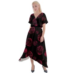 Red Sponge Prints On Black Background Cross Front Sharkbite Hem Maxi Dress by SychEva
