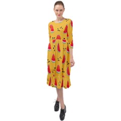Slices Of Juicy Red Watermelon On A Yellow Background Ruffle End Midi Chiffon Dress by SychEva