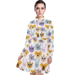 Funny Animal Faces With Glasses On A White Background Long Sleeve Chiffon Shirt Dress by SychEva