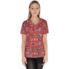 50s Red Women s V-neck Scrub Top by NerdySparkleGoth