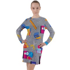 80s And 90s School Pattern Long Sleeve Hoodie Dress by NerdySparkleGoth