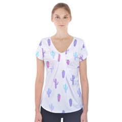 Purple And Blue Cacti Short Sleeve Front Detail Top by SychEva