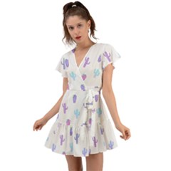 Purple And Blue Cacti Flutter Sleeve Wrap Dress by SychEva
