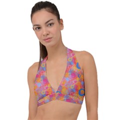 Multicolored Splashes And Watercolor Circles On A Dark Background Halter Plunge Bikini Top by SychEva