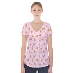 Cute Chihuahua With Sparkles On A Pink Background Short Sleeve Front Detail Top by SychEva