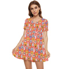 Cute Faces Of Dogs And Cats With Glasses Tiered Short Sleeve Mini Dress by SychEva
