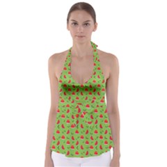 Juicy Slices Of Watermelon On A Green Background Babydoll Tankini Top by SychEva