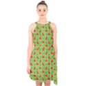 Juicy Slices Of Watermelon On A Green Background Halter Collar Waist Tie Chiffon Dress View1