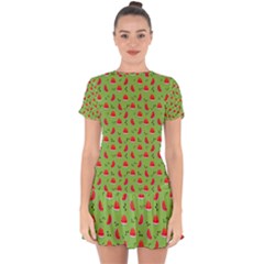 Juicy Slices Of Watermelon On A Green Background Drop Hem Mini Chiffon Dress by SychEva