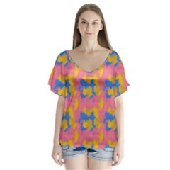 Abstract Painting V-neck Flutter Sleeve Top by SychEva