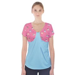 Funny Pugs  Cute Pets Short Sleeve Front Detail Top by SychEva