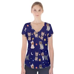 Terrier Cute Dog With Stars Sun And Moon Short Sleeve Front Detail Top by SychEva