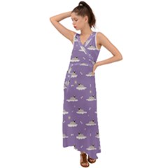 Pug Dog On A Cloud V-neck Chiffon Maxi Dress by SychEva