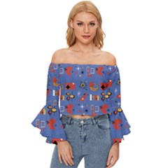 Blue 50s Off Shoulder Flutter Bell Sleeve Top by NerdySparkleGoth