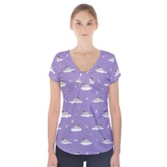 Cheerful Pugs Lie In The Clouds Short Sleeve Front Detail Top by SychEva
