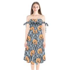 Halloween Jack O Lantern Shoulder Tie Bardot Midi Dress by NerdySparkleGoth