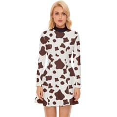 Brown Cow Spots Pattern, Animal Fur Print Long Sleeve Velour Longline Dress by Casemiro
