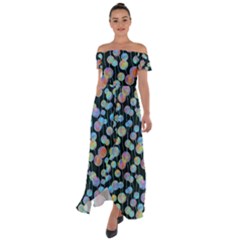 Multi-colored Circles Off Shoulder Open Front Chiffon Dress by SychEva