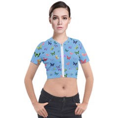 Multicolored Butterflies Whirl Short Sleeve Cropped Jacket by SychEva