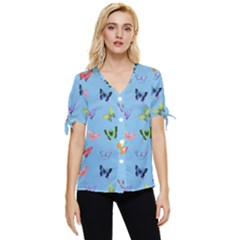 Multicolored Butterflies Whirl Bow Sleeve Button Up Top by SychEva