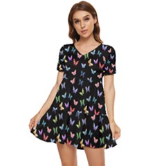Bright And Beautiful Butterflies Tiered Short Sleeve Mini Dress by SychEva