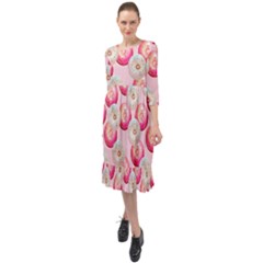 Pink And White Donuts Ruffle End Midi Chiffon Dress by SychEva