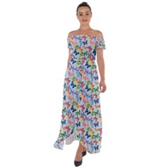 Beautiful Bright Butterflies Are Flying Off Shoulder Open Front Chiffon Dress by SychEva