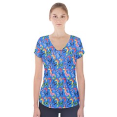 Multicolored Butterflies Fly On A Blue Background Short Sleeve Front Detail Top by SychEva