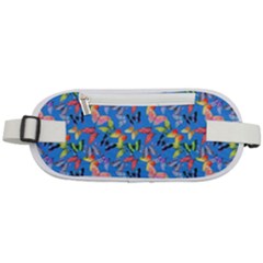 Multicolored Butterflies Fly On A Blue Background Rounded Waist Pouch by SychEva