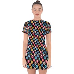 Multicolored Donuts On A Black Background Drop Hem Mini Chiffon Dress by SychEva