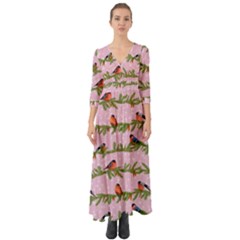 Bullfinches Sit On Branches On A Pink Background Button Up Boho Maxi Dress by SychEva