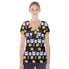 Cats Sun Stars Short Sleeve Front Detail Top by Sparkle