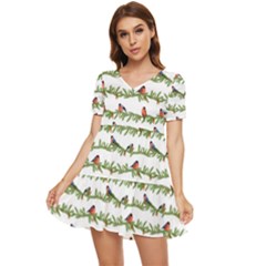 Bullfinches On The Branches Tiered Short Sleeve Mini Dress by SychEva