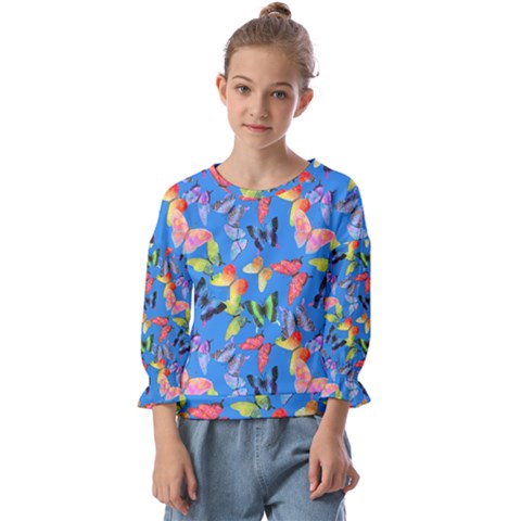 Bright Butterflies Circle In The Air Kids  Cuff Sleeve Top by SychEva