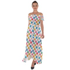 Multicolored Sweet Donuts Off Shoulder Open Front Chiffon Dress by SychEva