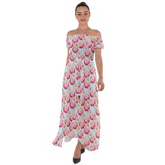 Pink And White Donuts On Blue Off Shoulder Open Front Chiffon Dress by SychEva