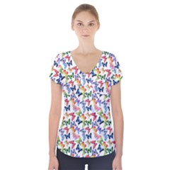 Multicolored Butterflies Short Sleeve Front Detail Top by SychEva