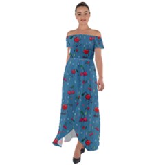 Red Cherries Athletes Off Shoulder Open Front Chiffon Dress by SychEva
