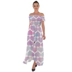 Multicolored Hearts Off Shoulder Open Front Chiffon Dress by SychEva