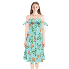 Gold Fish Shoulder Tie Bardot Midi Dress by SychEva