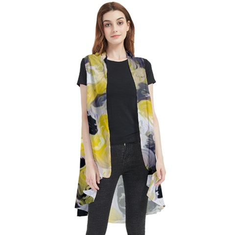 Black, Gray And Yellow Swirls Sleeveless Chiffon Waistcoat Shirt by Khoncepts