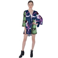 Octopus Color V-neck Flare Sleeve Mini Dress by Blueketchupshop